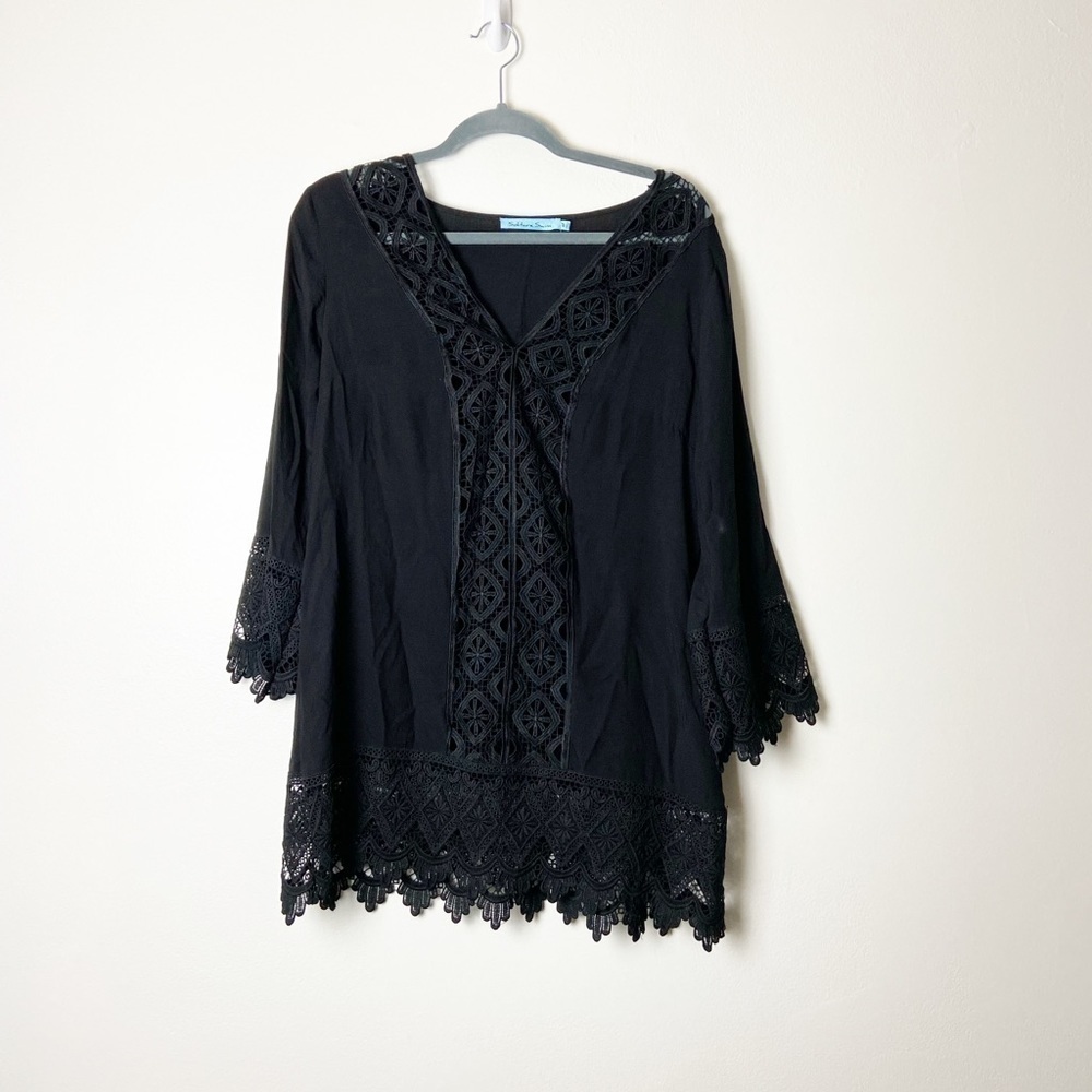 SOLITAIRE SWIM • Women’s Black Crochet Lace Swim Coverup Tunic Size Medium